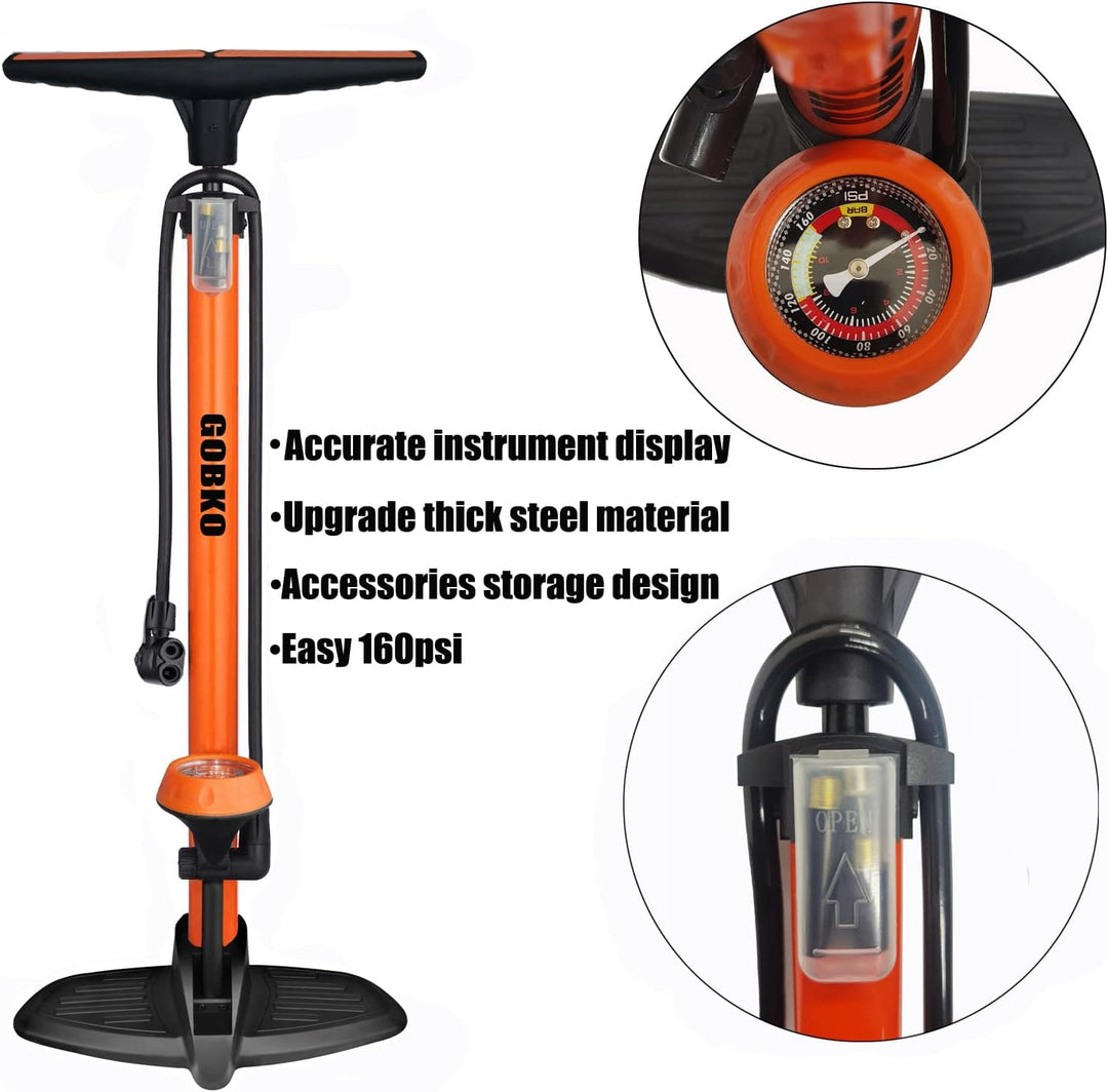 GOBKO Bike Standpumpe, Standluftpumpe, Fahrradpumpe mit grossem Manometer zur Druckanzeige, Dualkopf