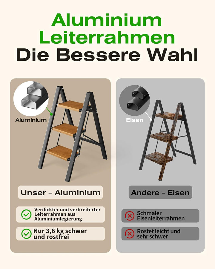 Trittleiter 3 Stufen klappbar,Tritthocker aus Aluminium | 150 kg Tragfähigkeit,Leiter mit rutschfest