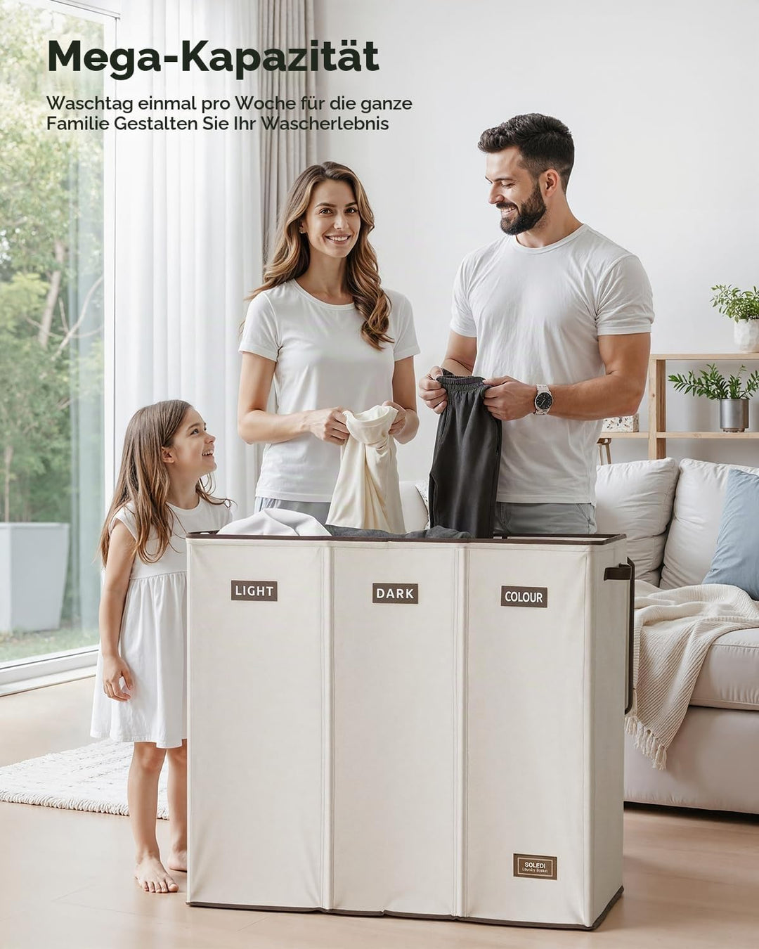 SOLEDI 200L Wäschekorb, Wäschesammler 3 fächer mit Deckel und 3 Wäschesack - Wäschesortierer Gross X