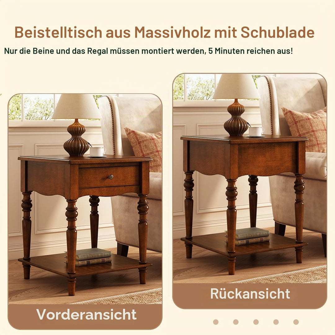 PADMA HOUSE Kleiner Beistelltisch mit Schublade und Ablagefläche, Massivholz Sofa Beistelltisch, Qua
