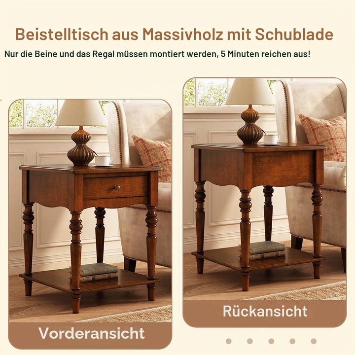 PADMA HOUSE Kleiner Beistelltisch mit Schublade und Ablagefläche, Massivholz Sofa Beistelltisch, Qua
