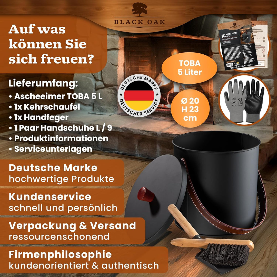 BLACK OAK Ascheeimer TOBA 5L - schwarz mit Deckel mit Holzknauf + Feger + Schaufel & Handschuhen - 5
