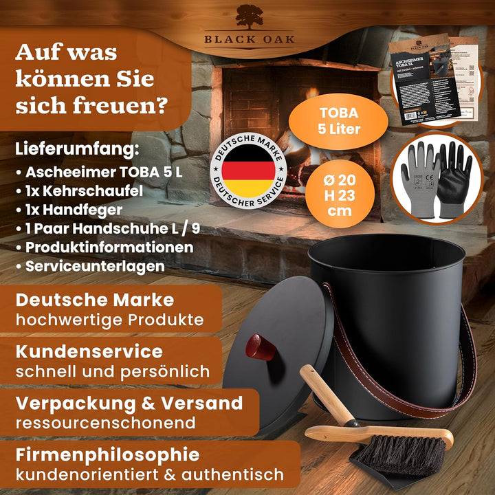 BLACK OAK Ascheeimer TOBA 5L - schwarz mit Deckel mit Holzknauf + Feger + Schaufel & Handschuhen - 5