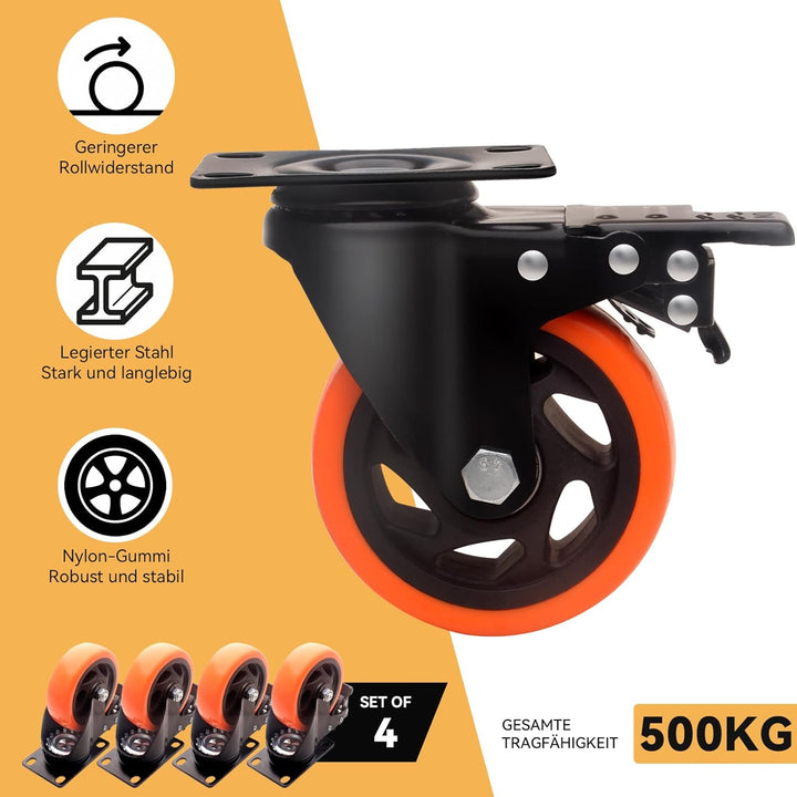 BAOLIHUI 100mm Orange Schwerlastrollen - 4er Set Lenkrollen mit Bremsen bis 600KG inkl. Montagezubeh