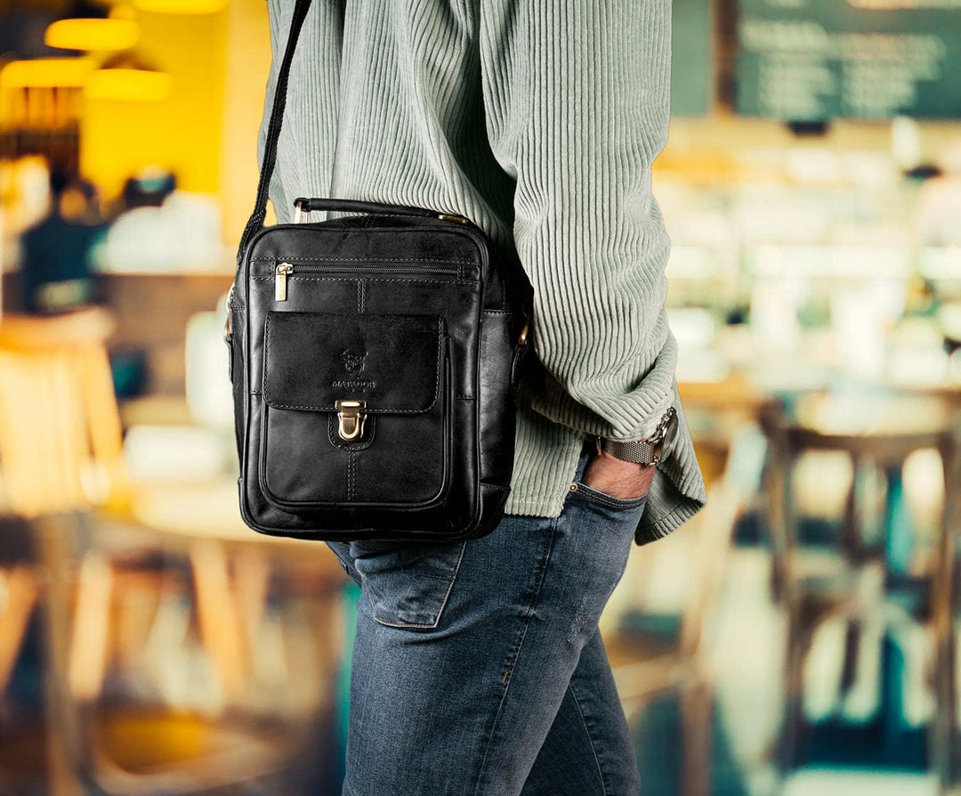 MATADOR Echt Leder Herren Umhängetasche Damen Schultertasche Schwarz Ledertasche Hochwertige Henkelt