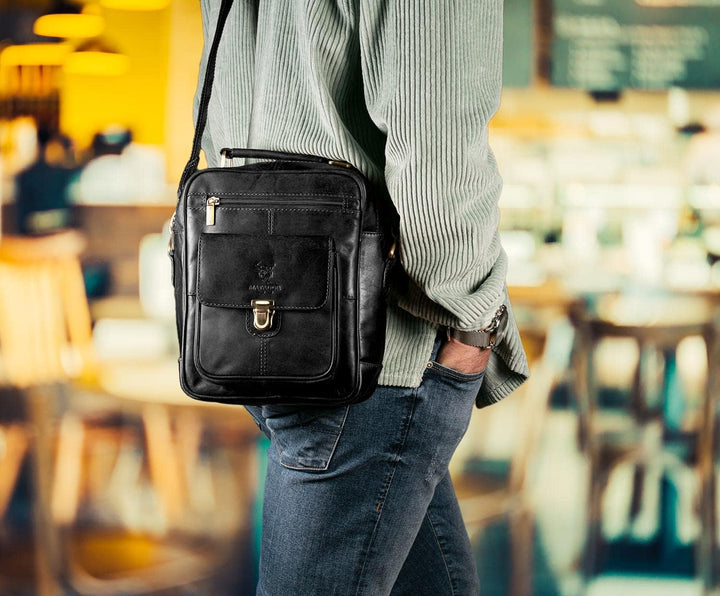 MATADOR Echt Leder Herren Umhängetasche Damen Schultertasche Schwarz Ledertasche Hochwertige Henkelt