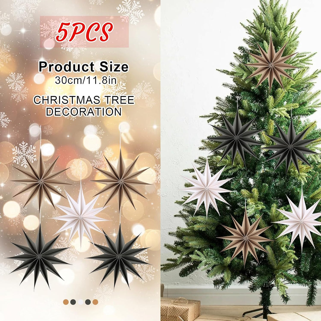 5 Stück Papiersterne Weihnachten Braun 30cm Grau 12 Zacken Papiersterne Faltsterne mit Klettverschlu