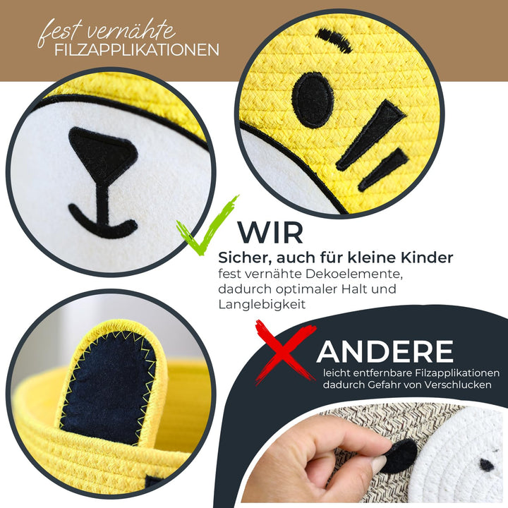 HMF Aufbewahrungskorb mit versteckten Griffen, 3er Set, Korb für Kinderzimmer aus Baumwolle | Tiger