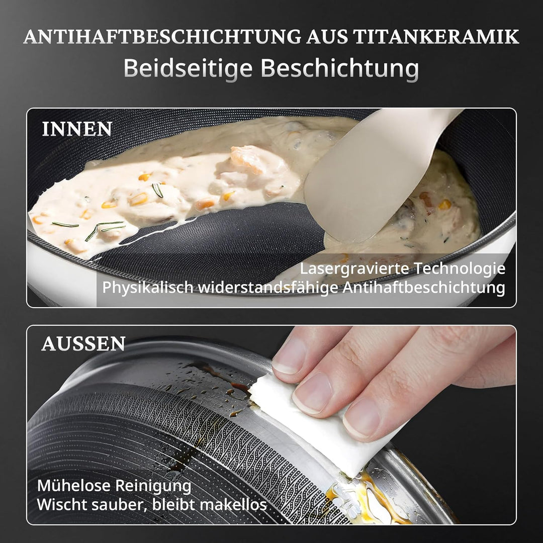 KOKHUB 30 cm Antihaft-Wok mit Deckel, Titan-Keramik-Edelstahl-Wokpfanne, grosse Kapazität für 3-5 Pe