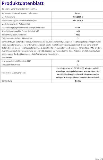 TROTEC PAC 2610 S mobile Klimaanlage 3-in-1 Kühlung, Ventilation, Entfeuchtung Monoblock-Klimagerät