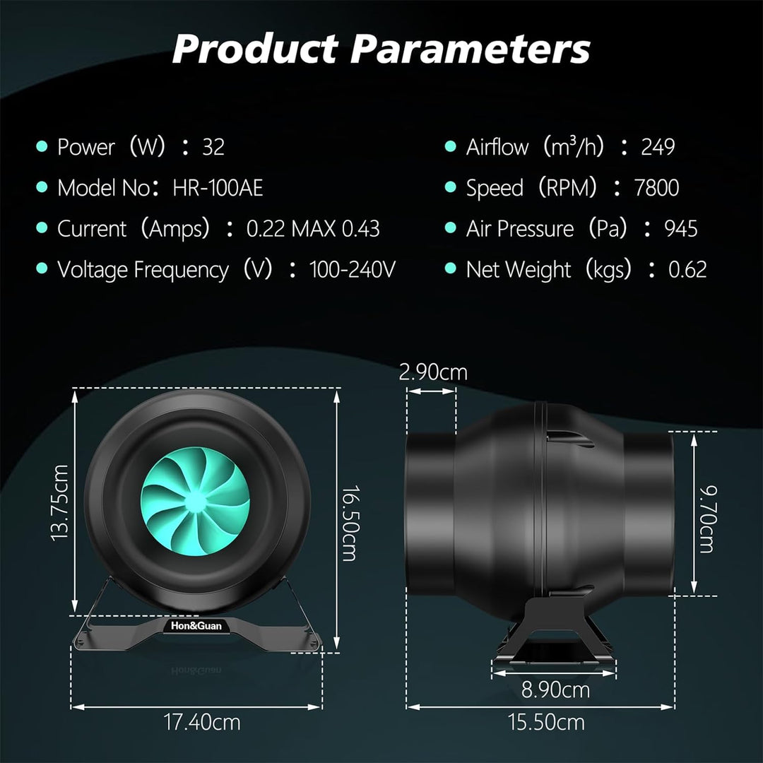 Hon&Guan Regelbar Rohrlüfter 100mm Leise mit Geschwindigkeitsregler, Rohrventilator Starker Winddruc
