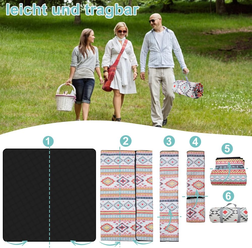 200 x 200 cm Picknickdecke Wasserdicht, Streifen Sandfeste Stranddecke Tragbare Stranddecke XXL Camp