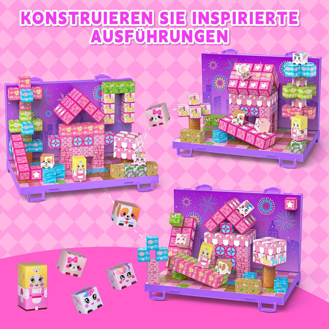 Magnetische Bausteine 84 Teile, Magnetblöcke Fliesen mit Klappbarer Grundplatte, Bauen Prinzessin Sc