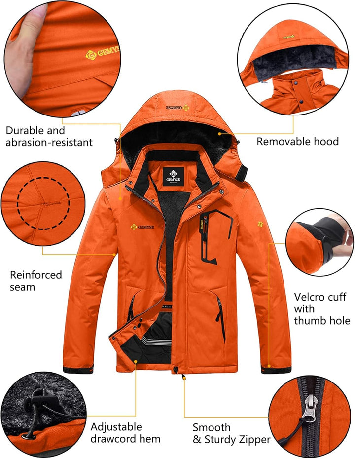GEMYSE Herren Wasserdichte Berg-Skijacke Winddichte Fleece Outdoor-Winterjacke mit Kapuze, M Orange