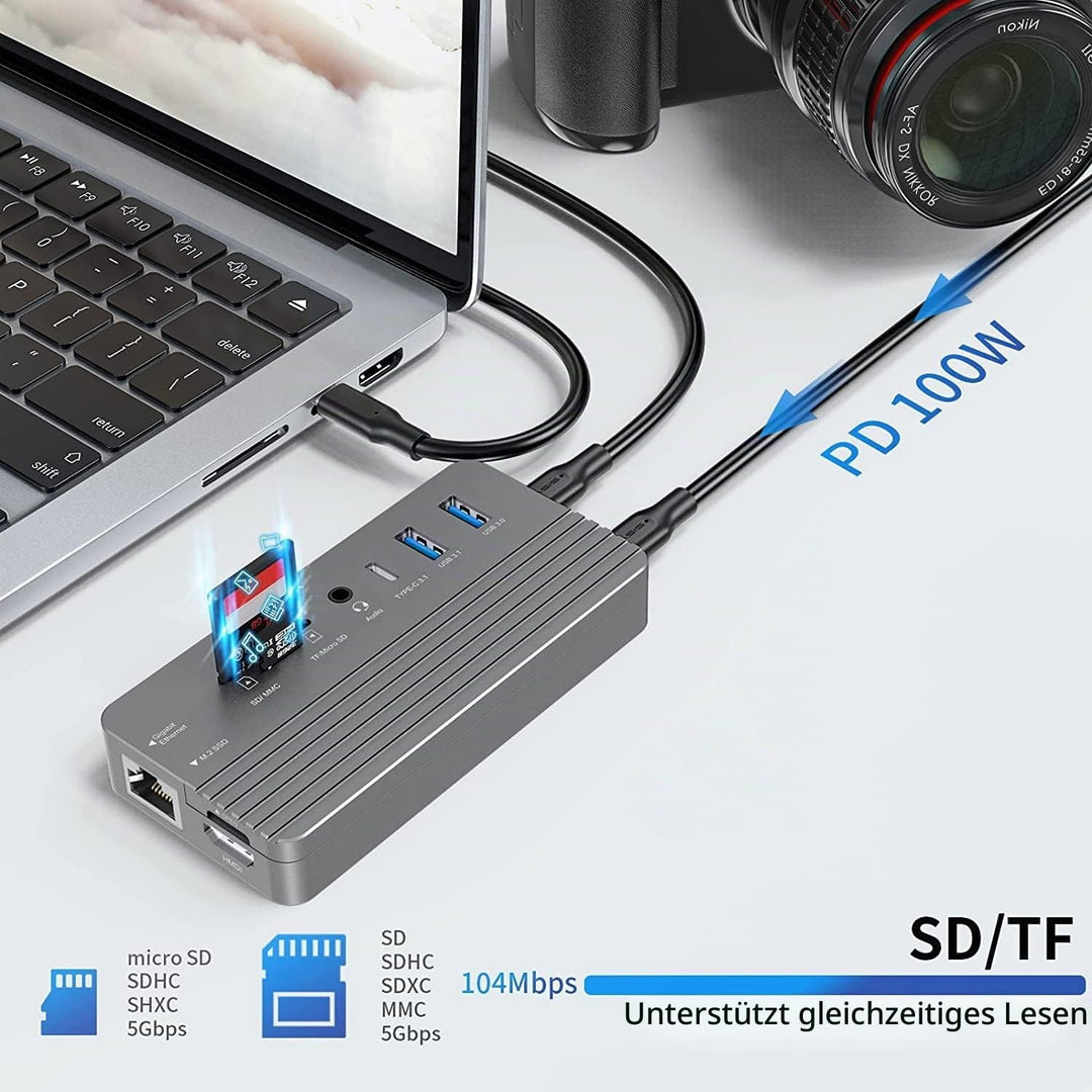 USB-C Hub mit Festplattengehäuse, 10 in 1 USB C Hub Adapter mit M.2 SSD externem Festplattengehäuse,