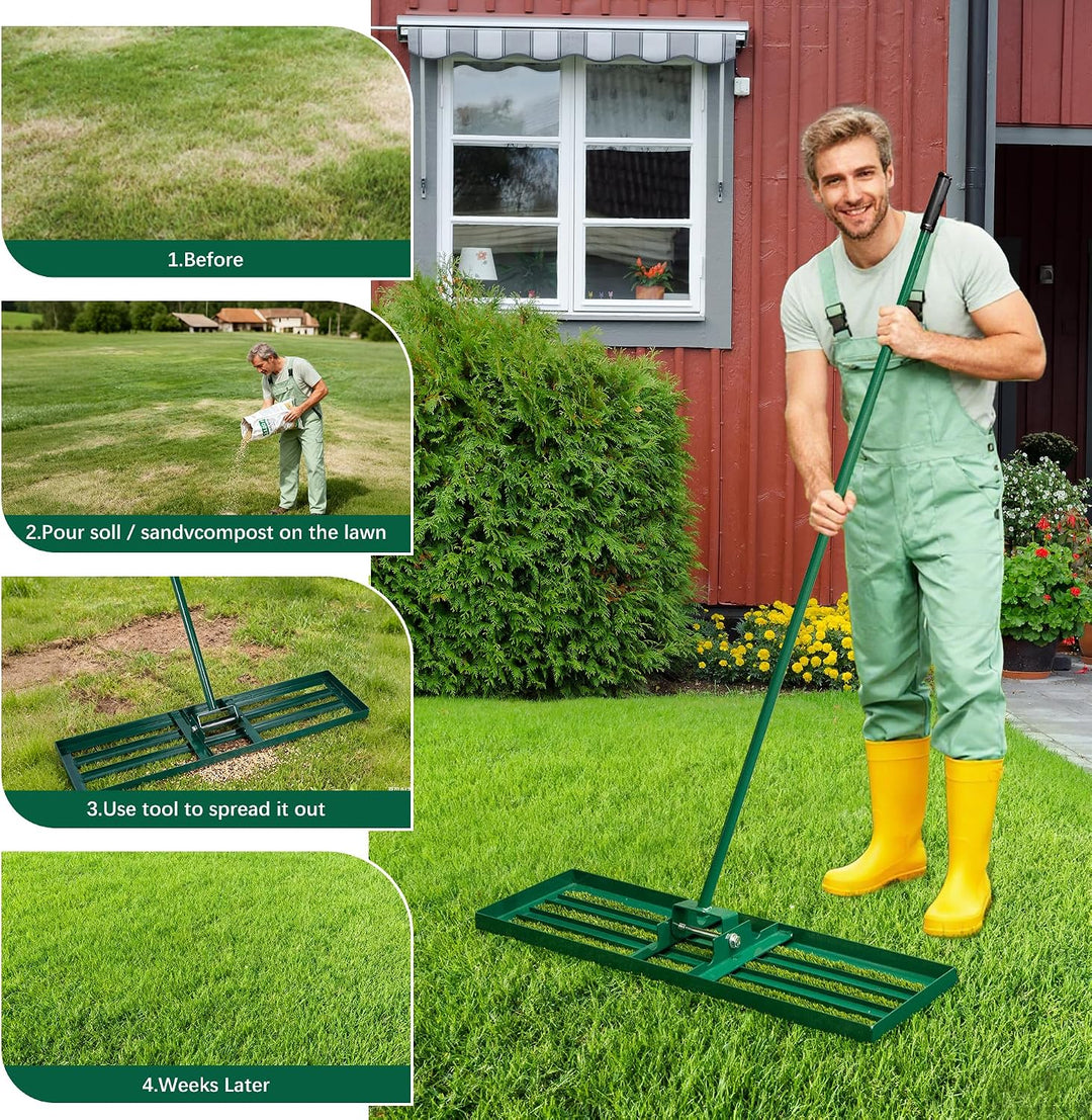 SogesHome Rasenrakel zum Rasen Sanden - Edelstahl Rasenlevelierrakel mit Stiel, Lawn Leveling Rake f