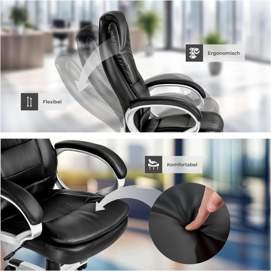 tectake Chefsessel, Bürostuhl ergonomisch, Drehstuhl mit Rollen, Gaming Stuhl, hohe Rückenlehne und