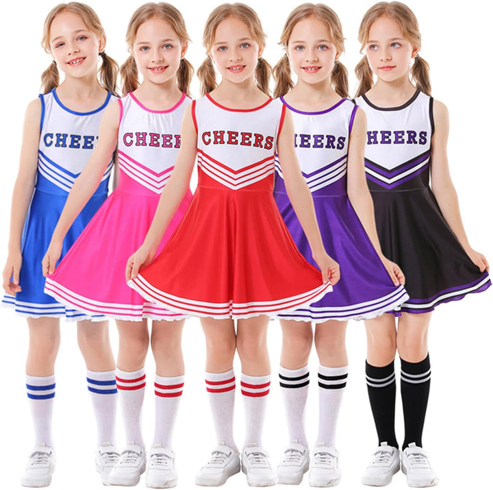 LOLANTA Cheerleader Kostüm Kinder, Cheerleadering Outfit Mädchen mit Pompons(11-12 Jahre,Schwarz,Tag