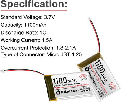 4 Stück 3,7V 1100mAh Lithium Batterie 1S 1C LiPo Akku mit Schutzplatine, Isolierband und Micro JST 1