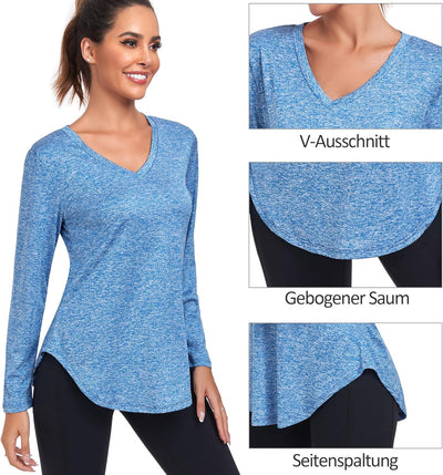 Deaviya Sportshirt Langarm Damen, Laufshirt Langarm, Langarmshirt Fitness Oberteil, V-Ausschnitt Wor