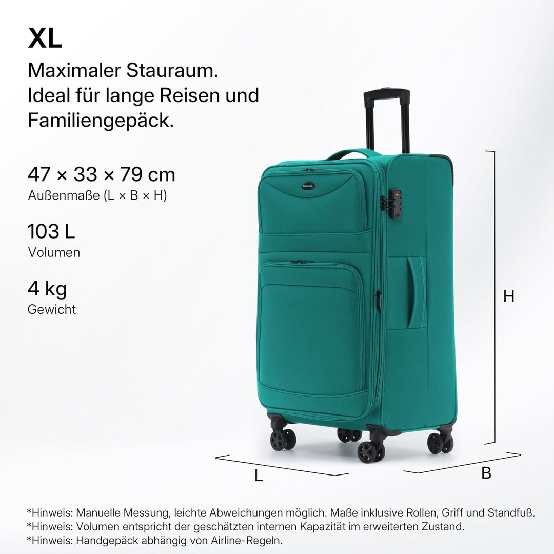 Stoffkoffer erweiterbar mit Frontfächern,15% Extra-Volumen, TSA-Schloss, 360° Doppelrollen & verdeck