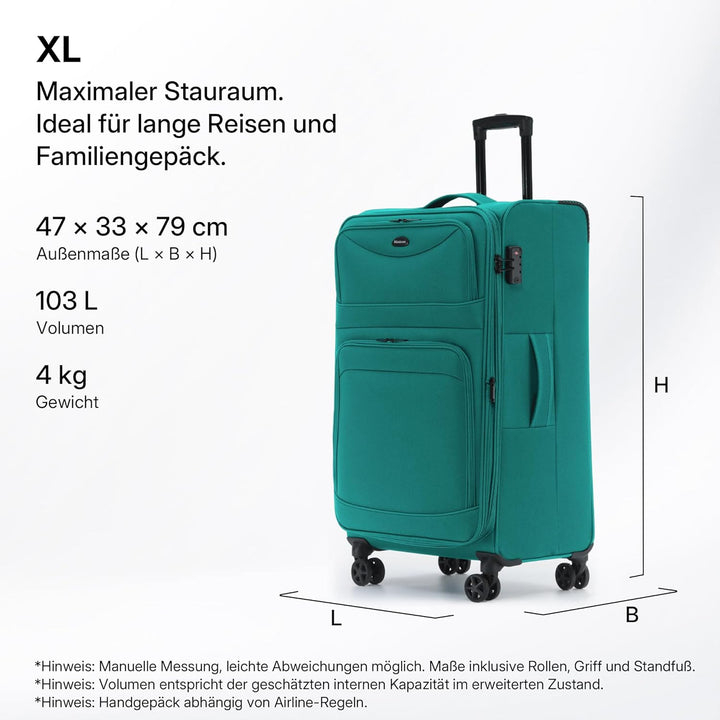 Stoffkoffer erweiterbar mit Frontfächern,15% Extra-Volumen, TSA-Schloss, 360° Doppelrollen & verdeck