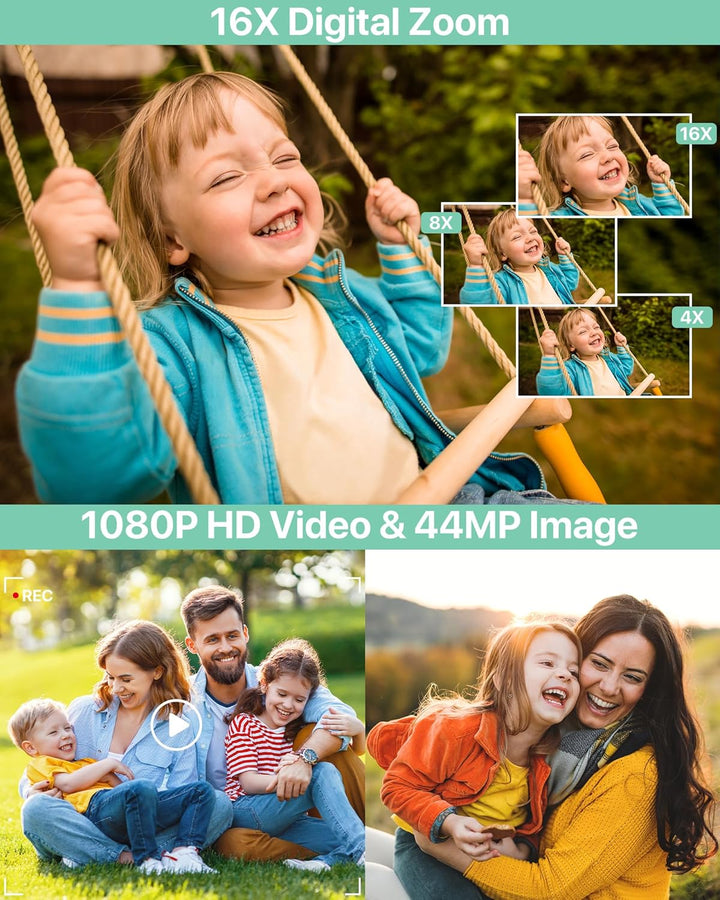 Digitalkamera 1080P Fotokamera 44MP Kamera Fotoapparat Tragbare Kompaktkamera mit 2,4" LCD Bildschir