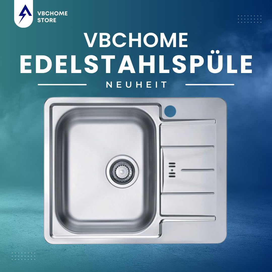 VBChome Spülbecken 61 x 50 cm EDELSTAHL Einbauspüle mit Hahnloch Küchenspüle - Satinstruktur Alveus