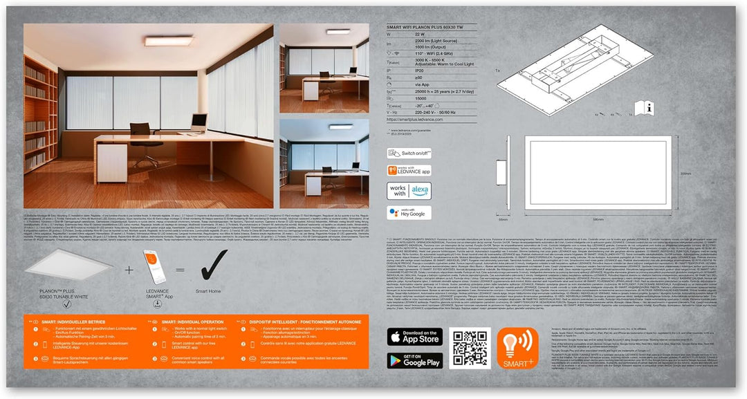 LEDVANCE Wifi SMART+ PLANON PLUS LED Panel Tunable Weiss 600X300, 1 Stück (1er Pack) Lichtfarbe ände