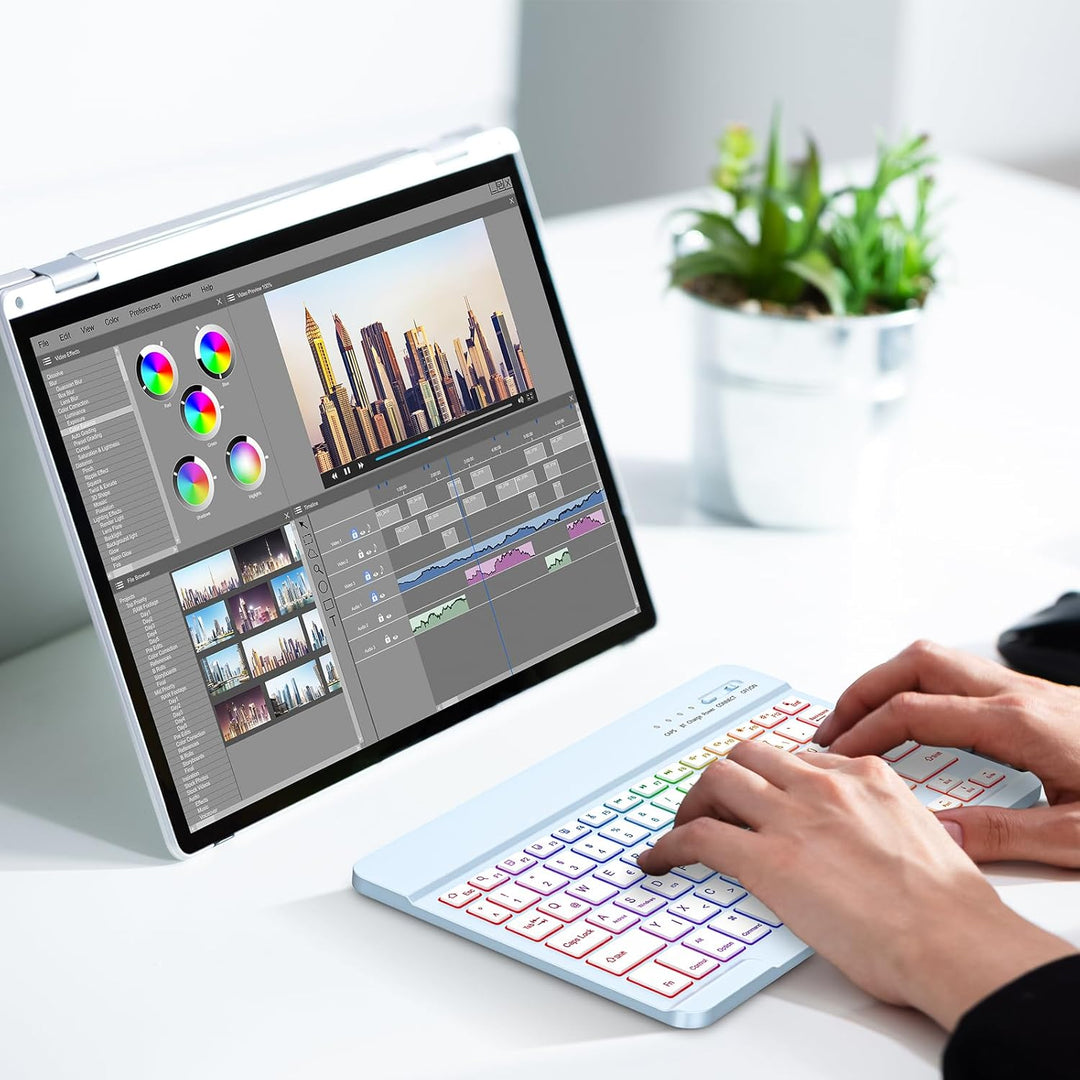 MMK Bluetooth-Tastatur, Deutsches QWERTZ-Layout mit 7-Farbiger Hintergrundbeleuchtung, Mini Wireless