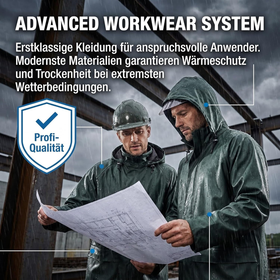 NEO TOOLS Herren Regenset, Regenmantel mit Kapuze und Regenhose, Gr. M-XXXL, verklebte Nähte, Reissv
