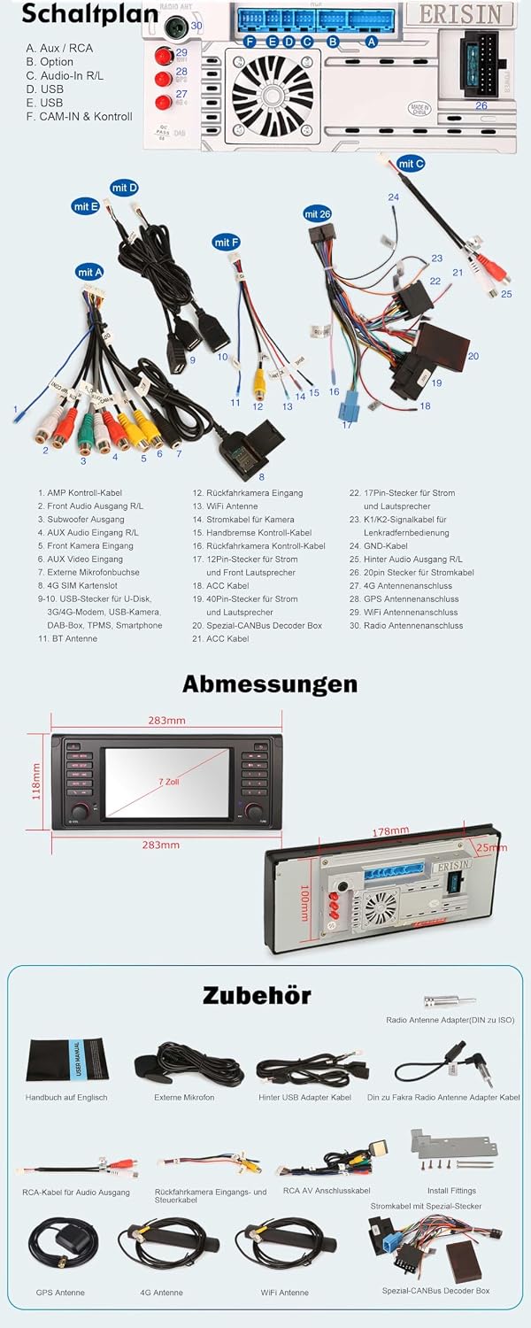 Erisin 8-Kern 4GB+64GB Android 14 Autoradio Bluetooth für BMW 5 Series 5er E39 M5 7 Zoll GPS Navi IP