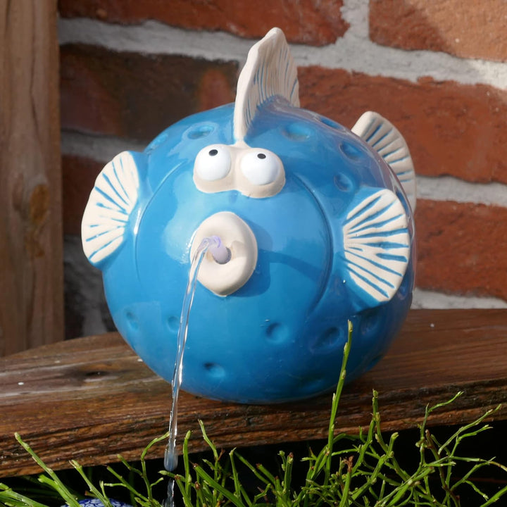 Storm's Gartenzaubereien Wasserspeier Fisch mit Solarpumpe blau aus Keramik für Miniteich oder Weinf