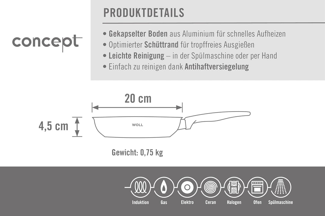 Woll Concept Bratpfanne - Induktiv -, Ø 20 cm, 4,5 cm hoch, Geeignet für alle Herdarten, Edelstahl,
