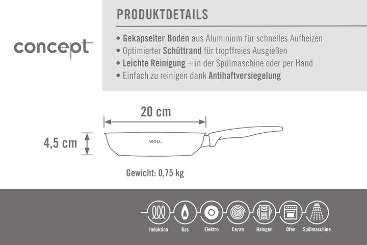 Woll Concept Bratpfanne - Induktiv -, Ø 20 cm, 4,5 cm hoch, Geeignet für alle Herdarten, Edelstahl,