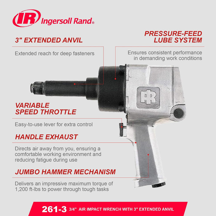 Ingersoll Rand 3/4" Hochleistungs-Schlagschrauber 261-3 mit 3" verlängertem Amboss, Druckluftschraub