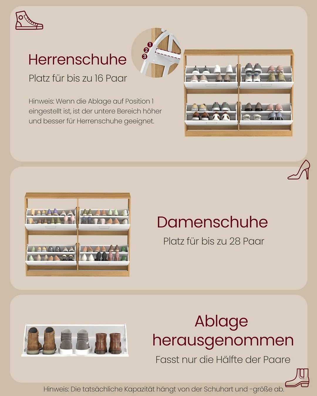 VASAGLE Custos Kollektion - Schuhschrank, Schuhkipper, Schuhregal, Schuhaufbewahrung, Trennwand vers