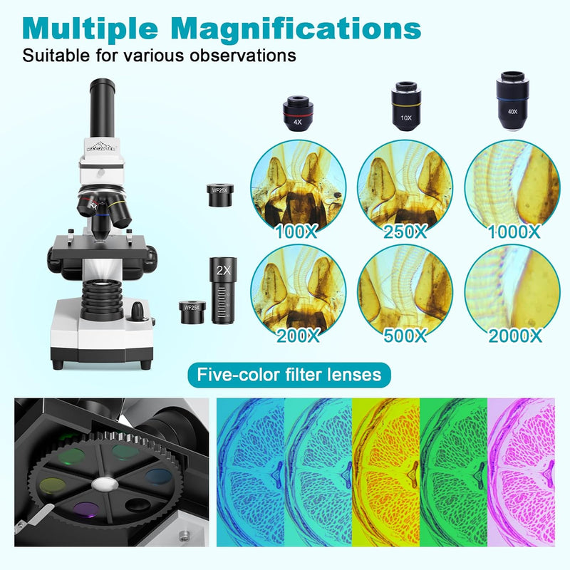 Mikroskop für Kinder Studenten, 200–2000x Vergrösserung, Stark, Biologisch, Bildungstechnisches Mono