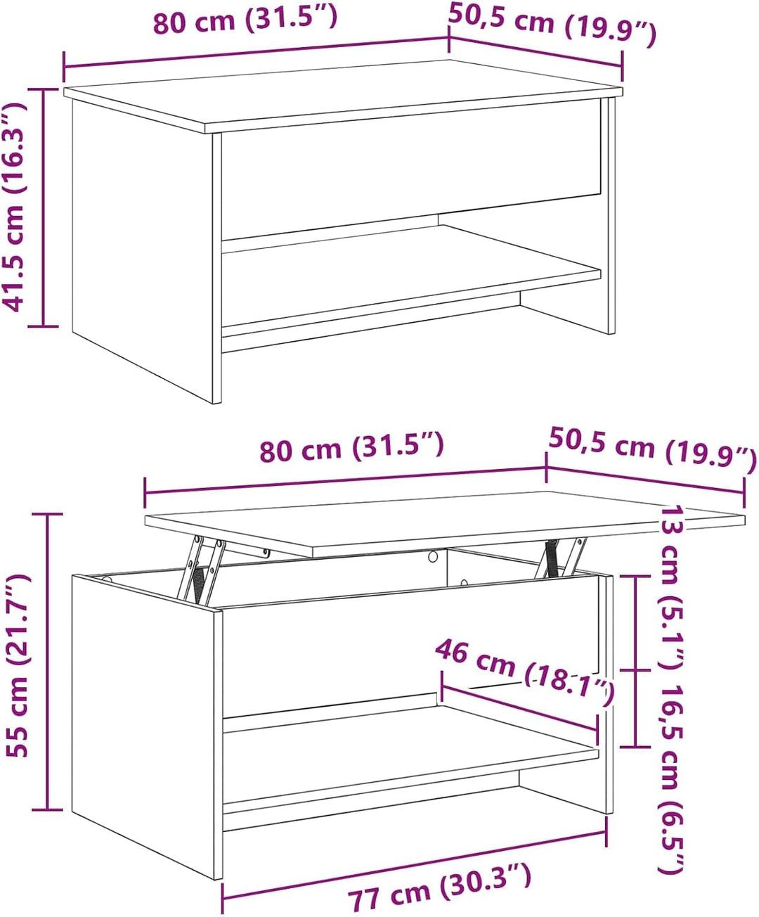 vidaXL Couchtisch für's Wohnzimmer mit klappbarem Deckel – modern, rechteckig, Glatte Oberfläche, fu