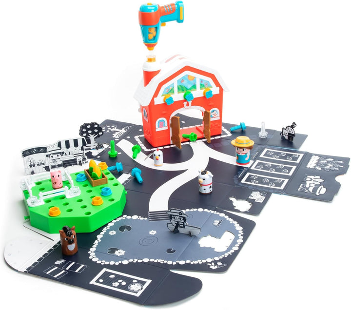 Learning Resources Design & Drill Schrauberkumpel Scheune, Bauernhof-Spielzeugset mit Landwirt, MINT