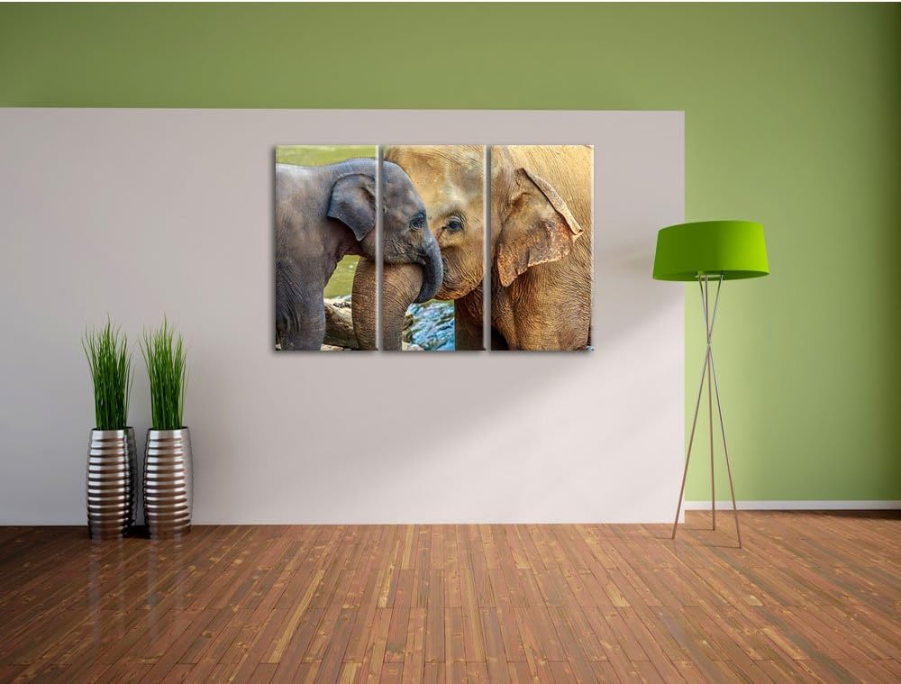 Pixxprint Elefantenmutter mit Kalb als Leinwandbild/Grösse: 3 Teilig (120x80) / Wandbild/Kunstdruck/