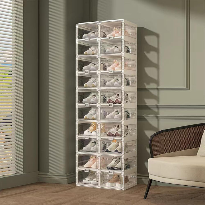 Transparente schuhregal,schuhboxen stapelbar Weisse Seitenplatte, mit magnetischer Tür, für Stöckels