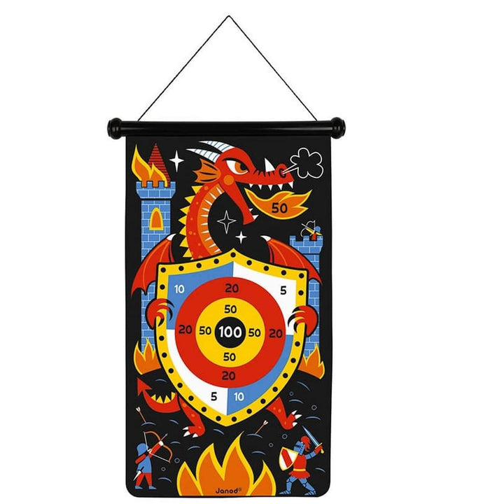 Janod - Magnetisches Dartspiel mit dem Thema Drachen und Ritter - Vorderseite/Rückseite Geschicklich