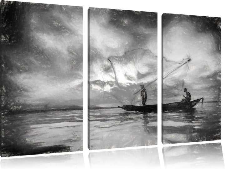 Pixxprint Fischer am fischen mit Wurfnetz Kohle Effekt 3-Teiler Leinwandbild 120x80 Bild auf Leinwan