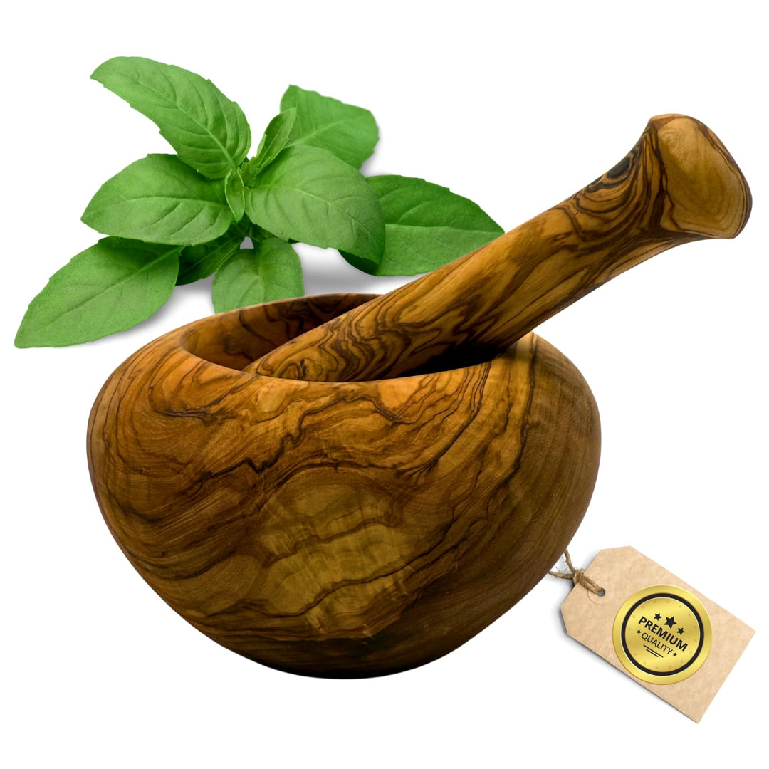 FiguraSanta Mörser aus Olivenholz mit Stössel - Handgefertigter Gewürz- &amp; Kräutermörser - Hochwertig