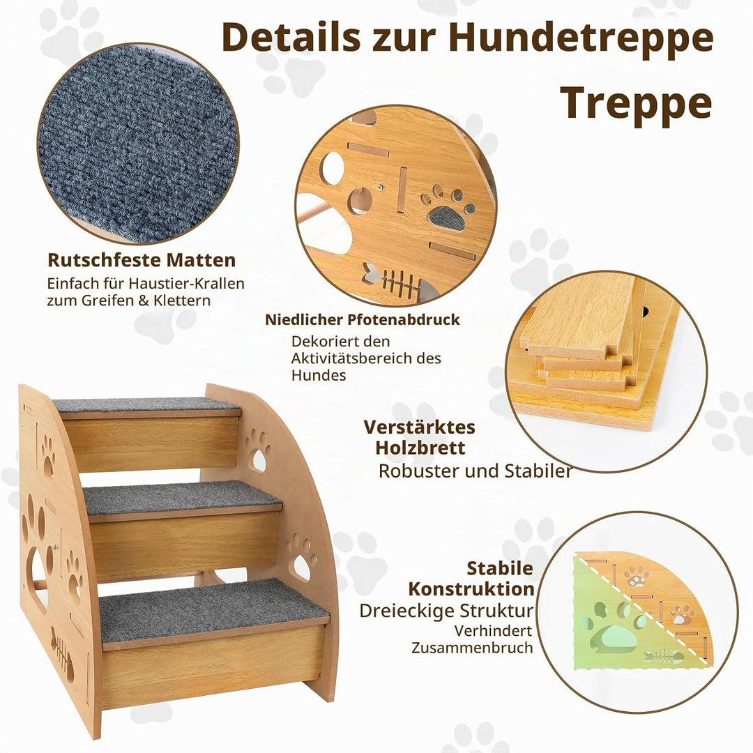 Hundetreppe für Kleine Hunde, Holz Haustiertreppe 3 Stufen Hunderampe für Bett Sofa Balkon, Stabi Ru