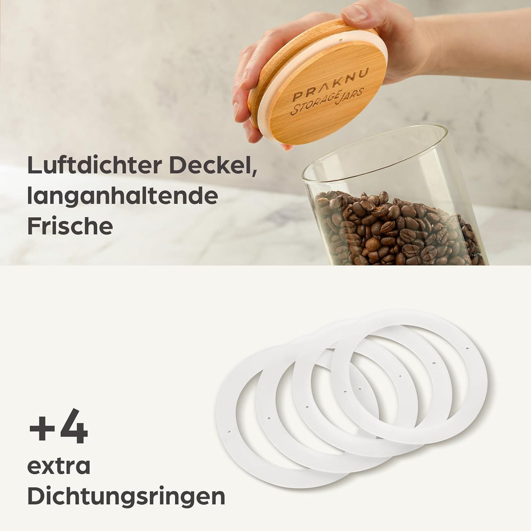 Praknu Vorratsgläser mit Deckel 4er Set - Luftdicht mit 4 Extra Dichtungen - Borosilikatglas - Spülm