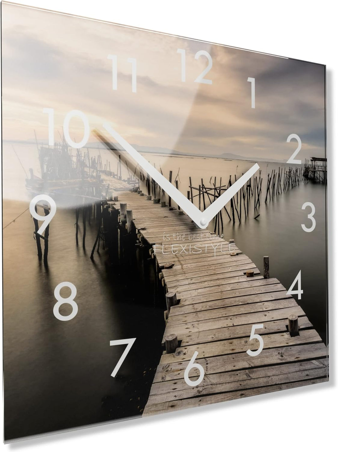 FLEXISTYLE Wanduhr küche Wohnzimmer 30 x 30 cm, aus Glas, mit Direktdruck eckig modern (HERBSTBRÜCKE
