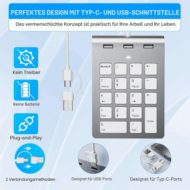Numeric Keypad Wired Numpad, USB A/USB C Ziffernblock Ergonomischer Mini Nummernblock mit 3 USB 2.0