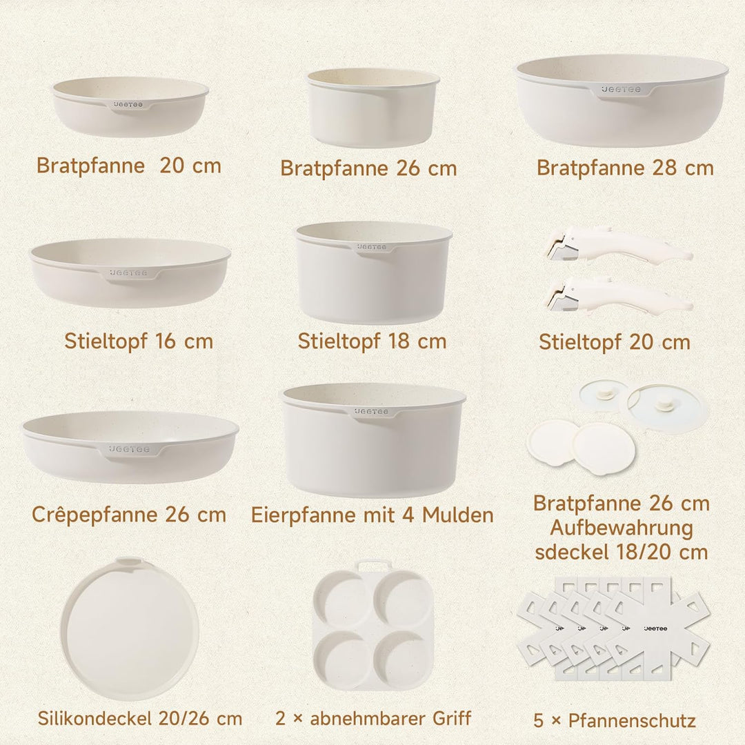 JEETEE Topfset Pfannenset mit abnehmbarem Griff 20-Teilig, Antihaft Topfset Induktion mit Lid, Stape